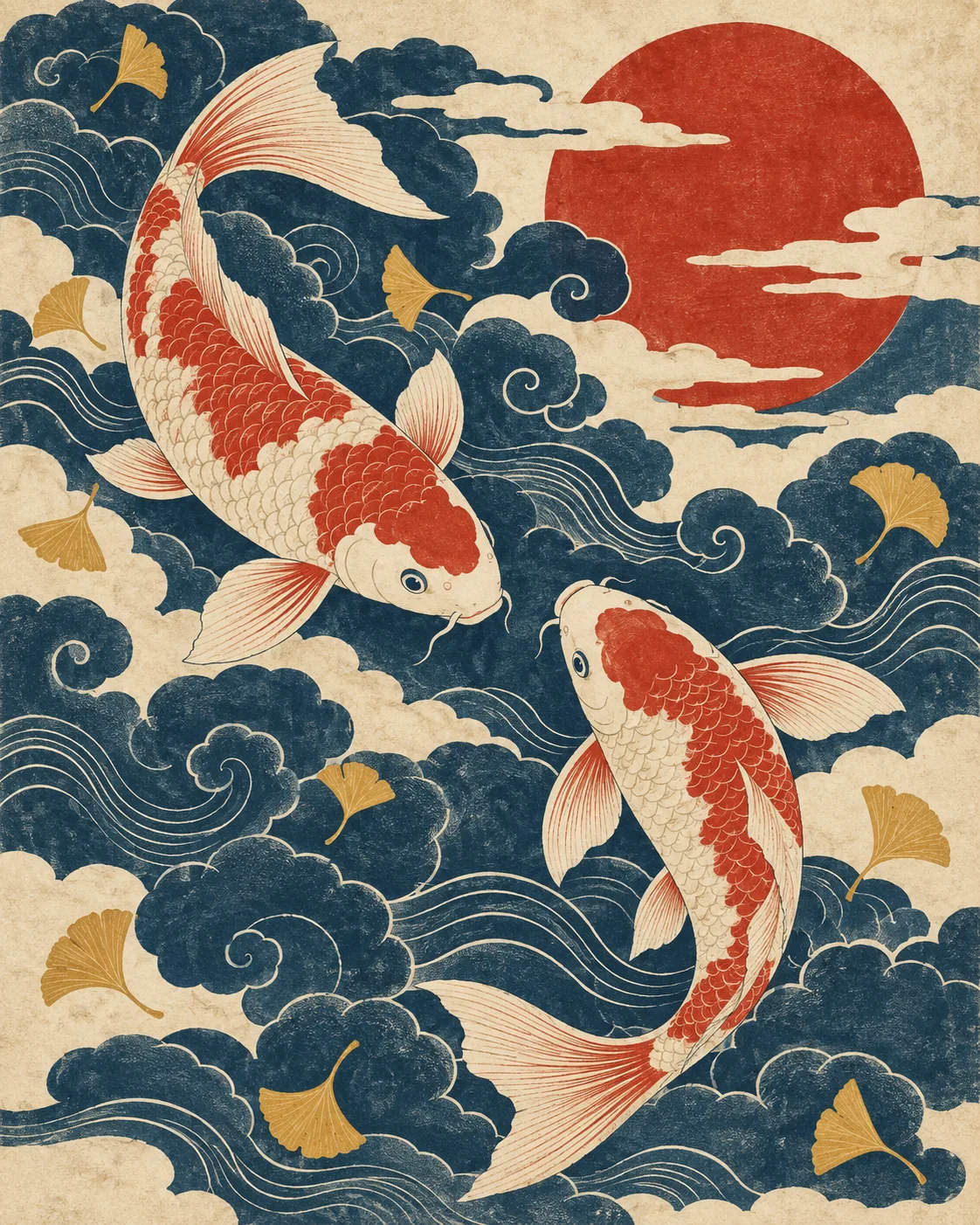 Una estampa de peces koi rojos y blancos entre nubes índigo