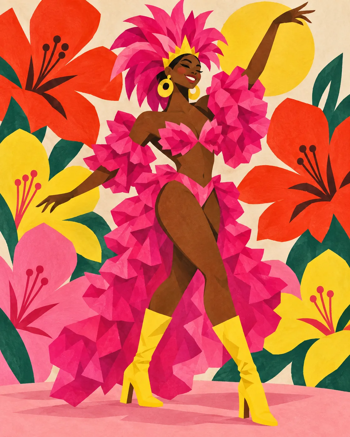 Una ilustración de una bailarina de rosa entre flores gigantes