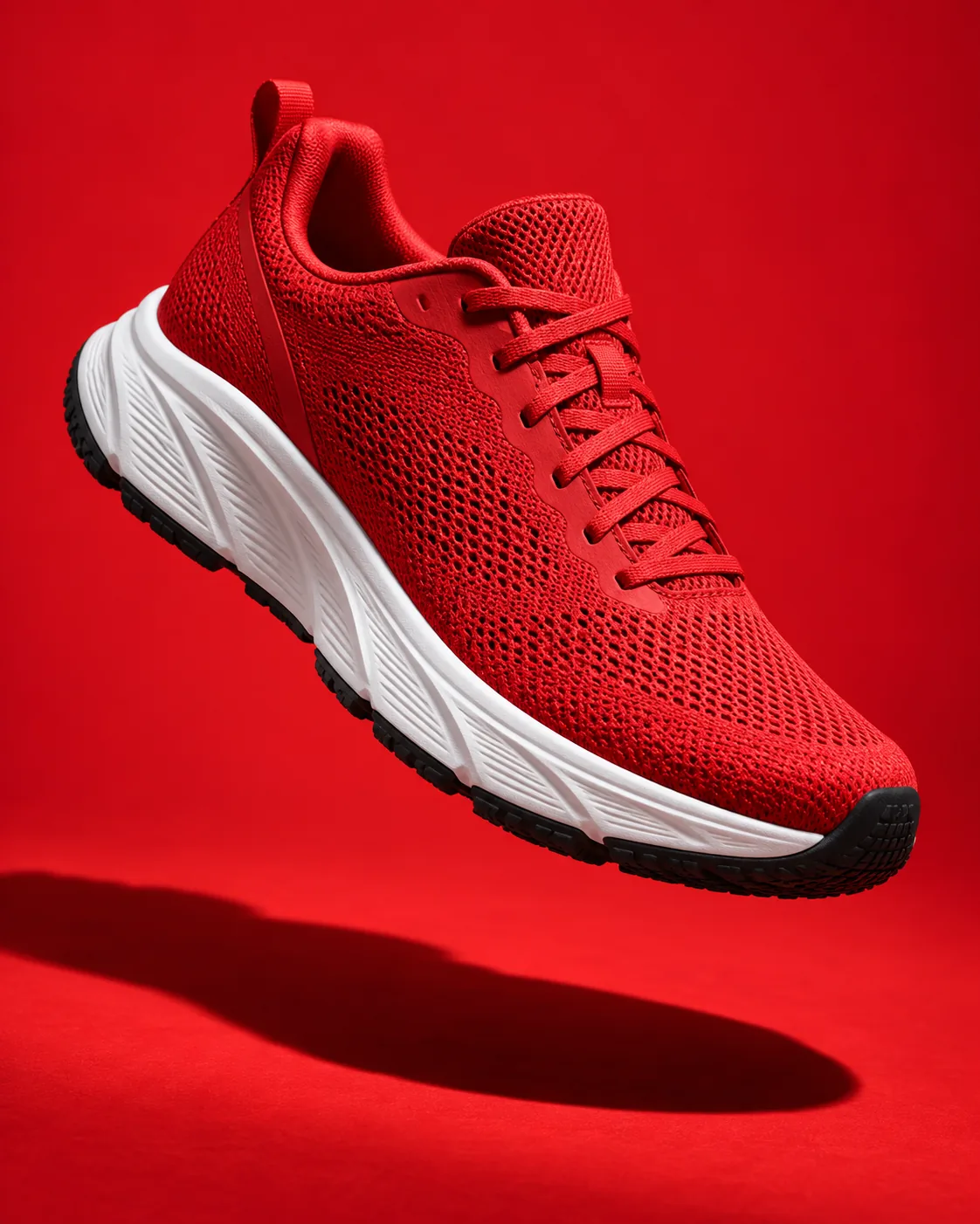 Una fotografía de estudio de una zapatilla sobre rojo